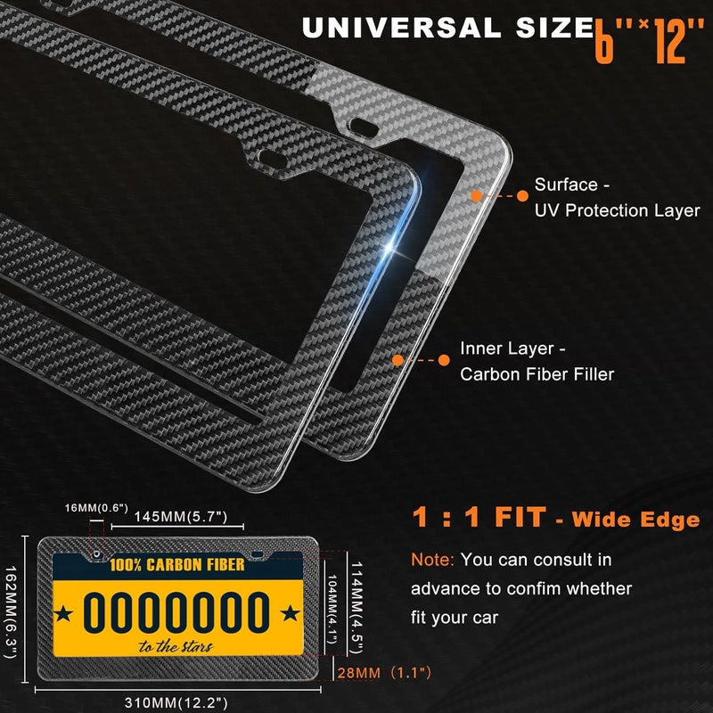 HIBRONGO Real Carbon Fiber License Plate Frame 100% Pure Carbon License Plate Frame Cover Black Gloss License Plate Holder Universal Car Tag Frame with Mount Hardware, Screws, Caps - 2 Hole Wide Edge 1 Pack - Image 5